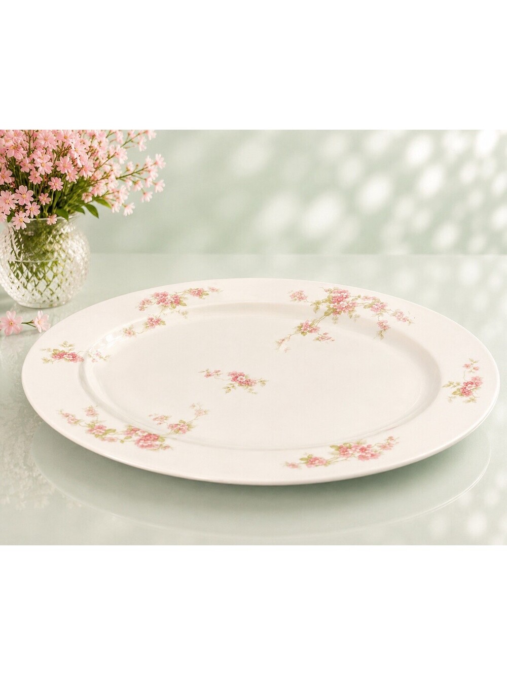O&EG Royal Austria 1900s Pink Floral Porcelain Oval Serving Platter, 16x11”